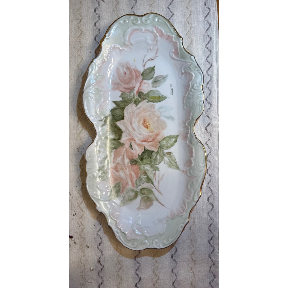 Antique Hand Painted Porcelain Rose Celery Dish Vanity Tray Signed Ethel 98 Gold